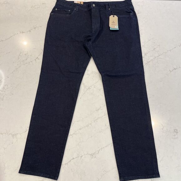 Prana Hillgard NEW Jeans Mens 42x34 Blue Dark Rinse Tapered Leg Slim Fit Organic - Picture 1 of 13